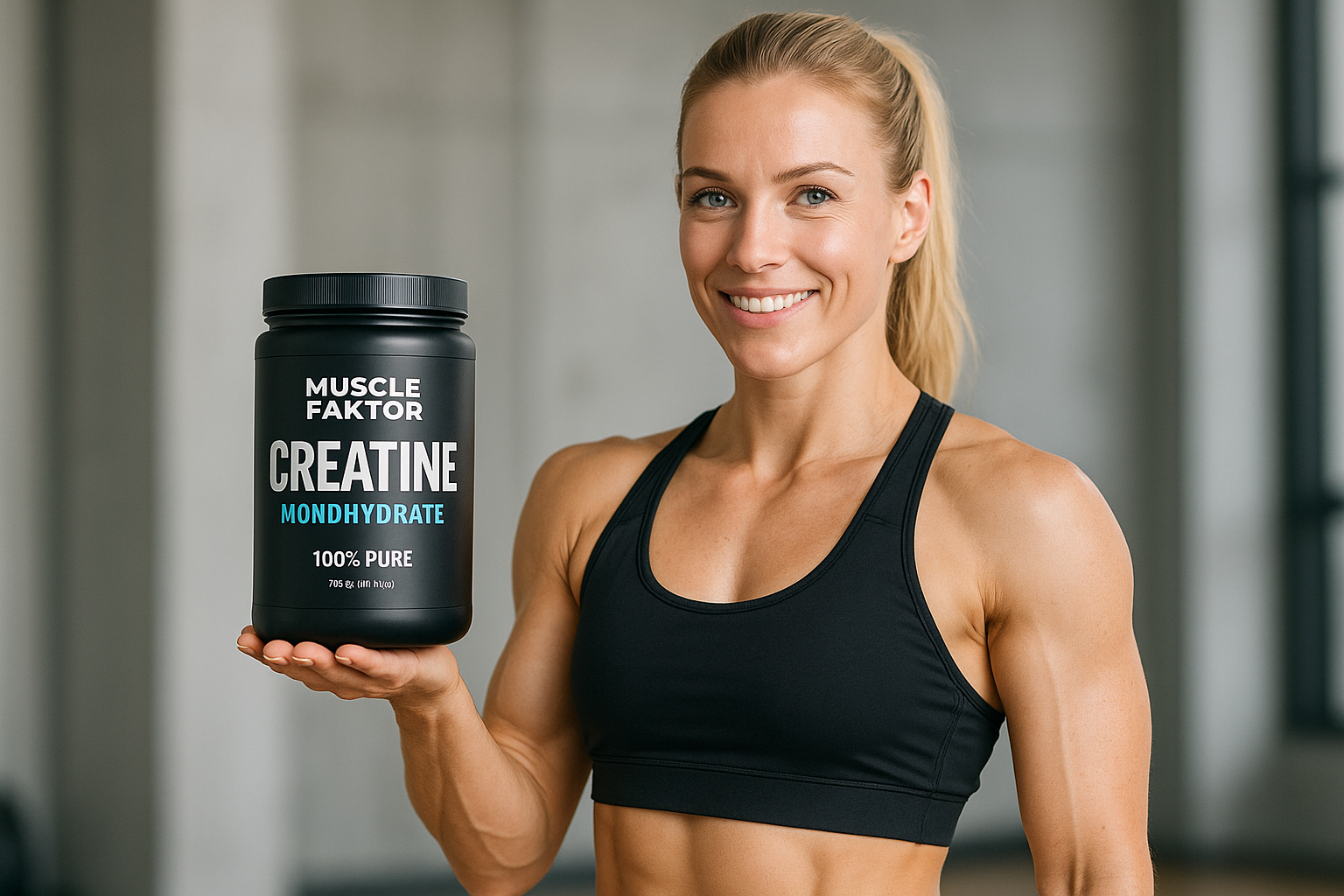 A fit blonde female woman holding the Muscle Faktor creatine monohydrate product.