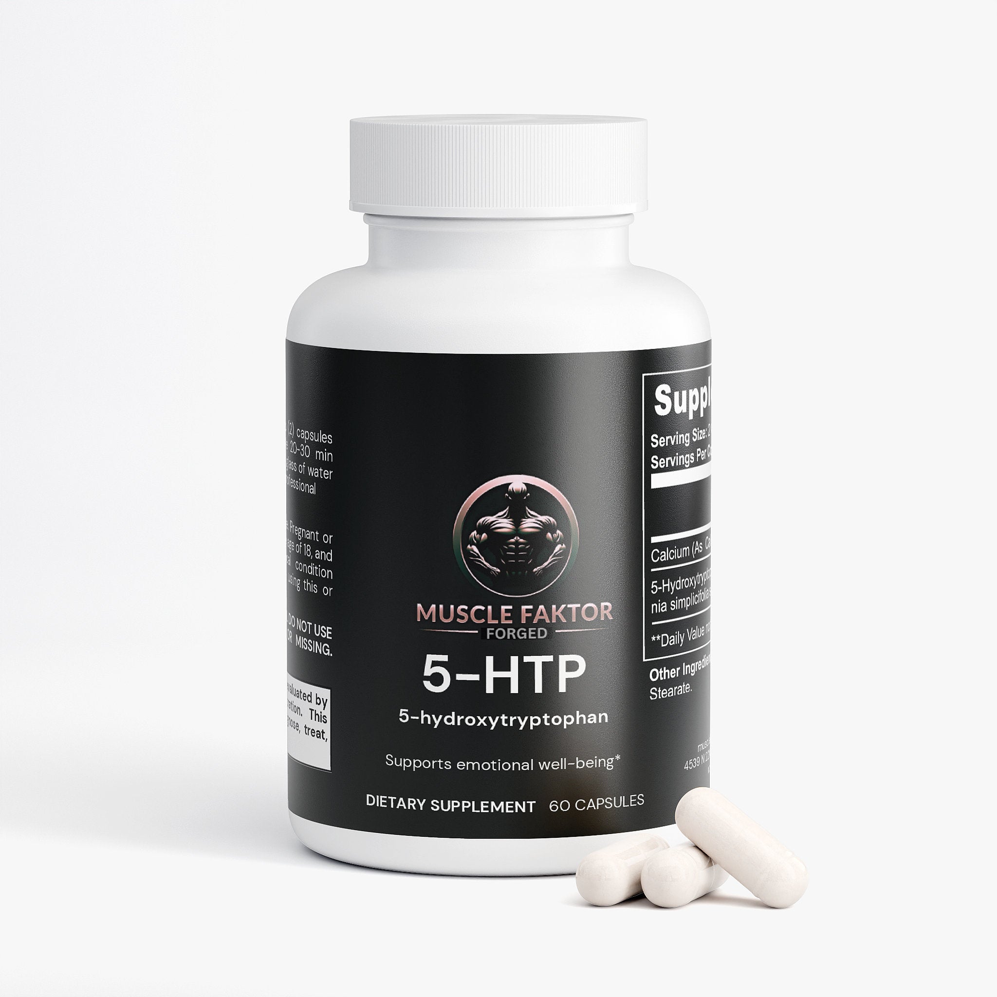 Muscle Faktor 5-HTP supplement bottle with capsules natural serotonin booster for athletes dietary support