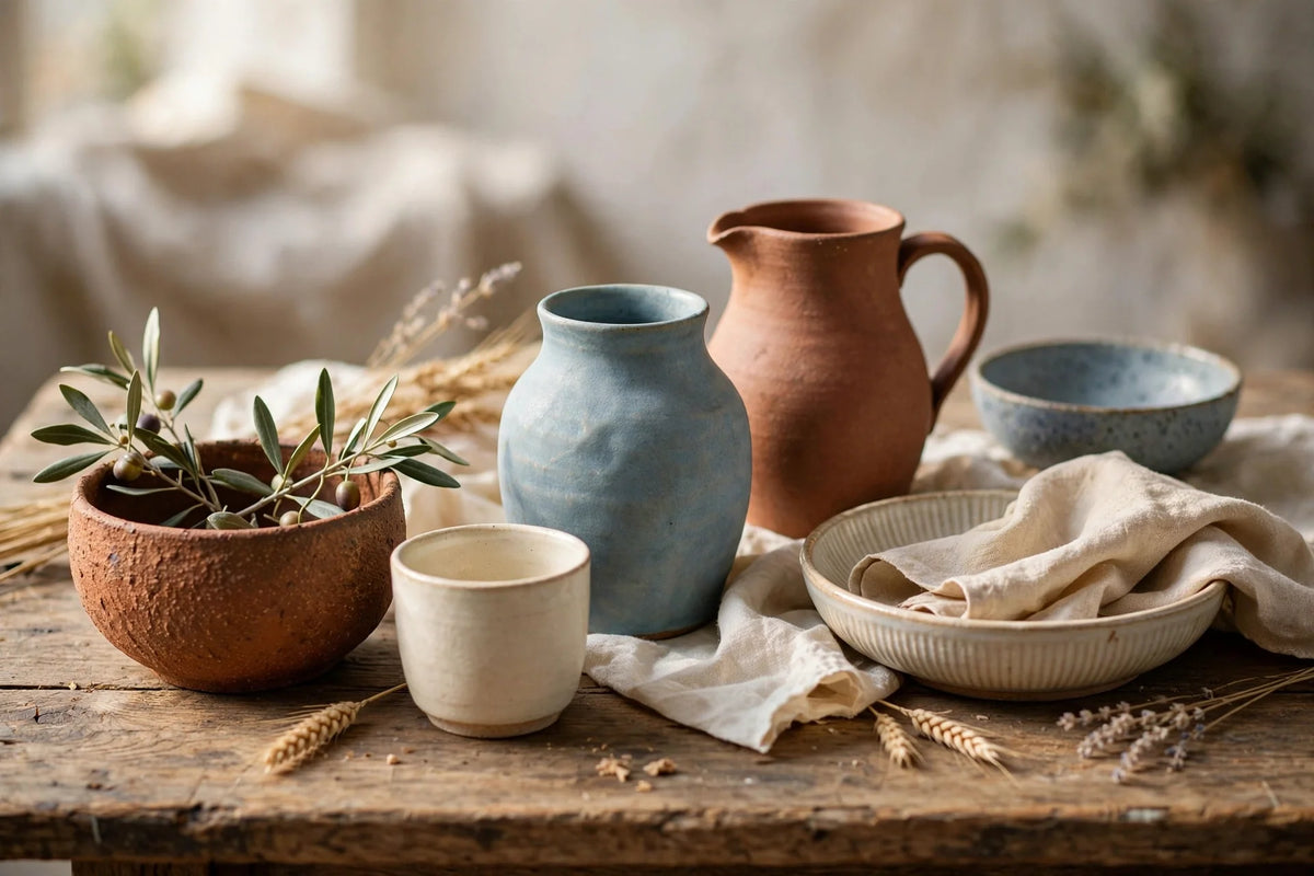 Artisanal ceramics arranged on a rustic wooden table with soft, natural light