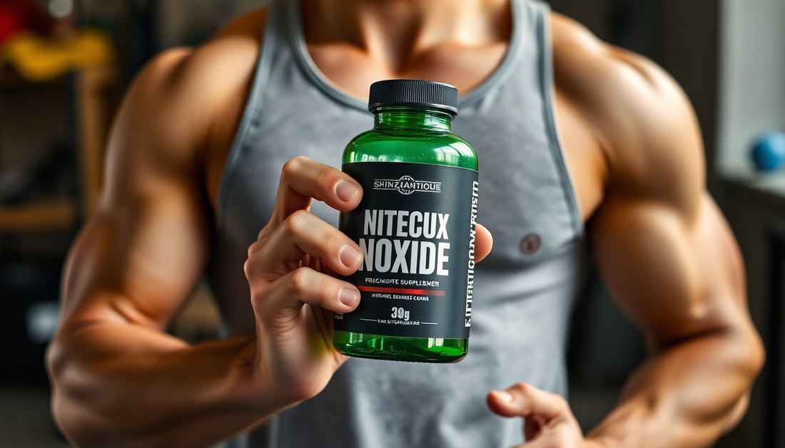 A muscular man holding nitric oxide supplement bottle