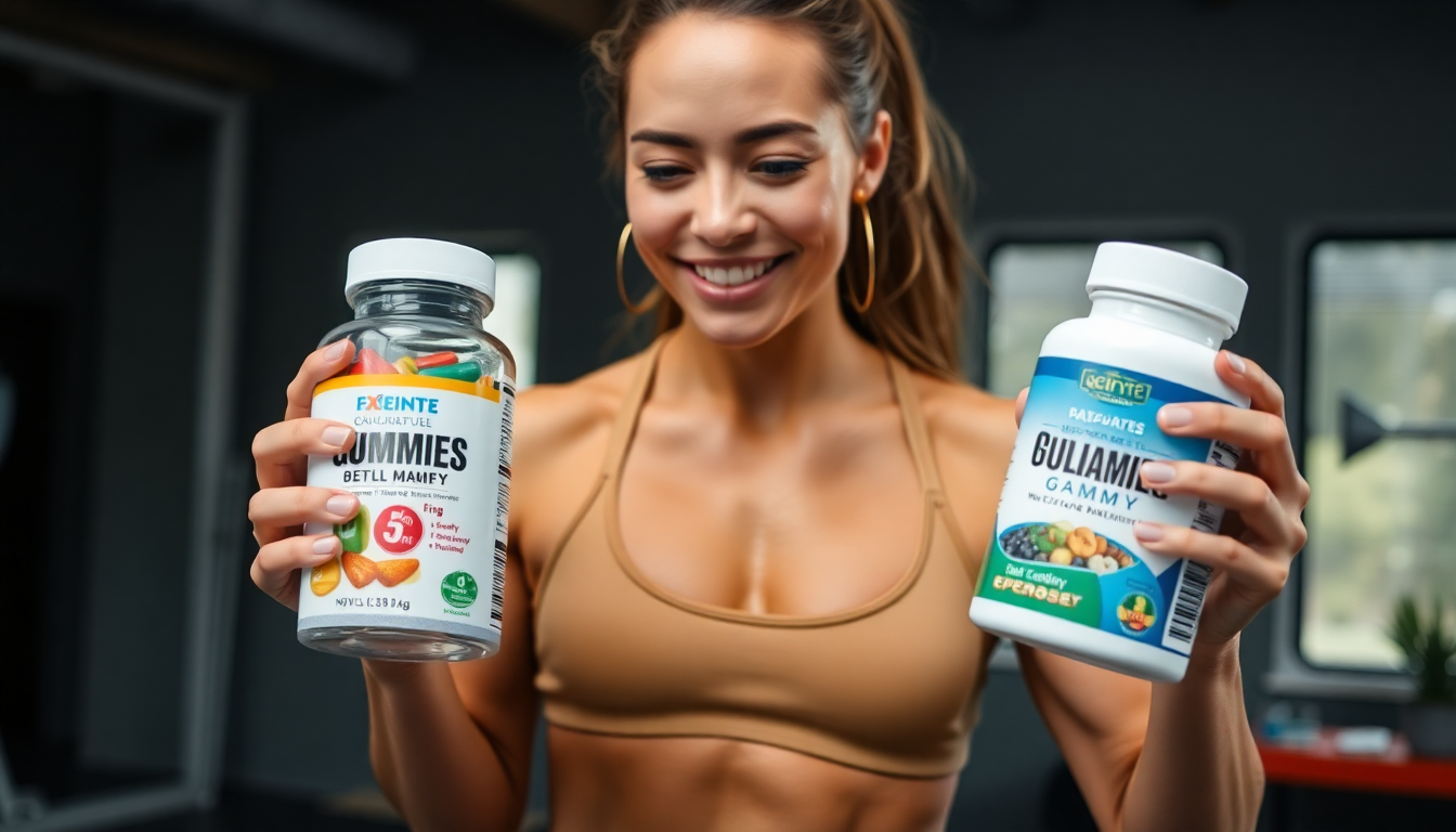 A fitness enthusiast choosing multivitamin gummies and capsules