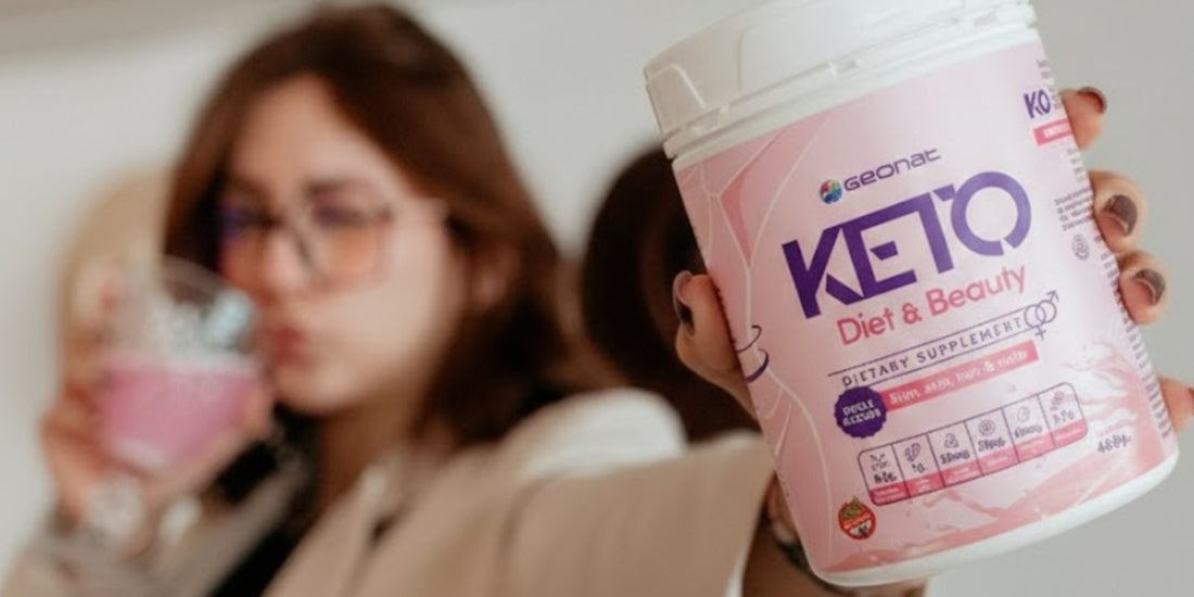 Woman holding a pink keto diet and beauty supplement container.