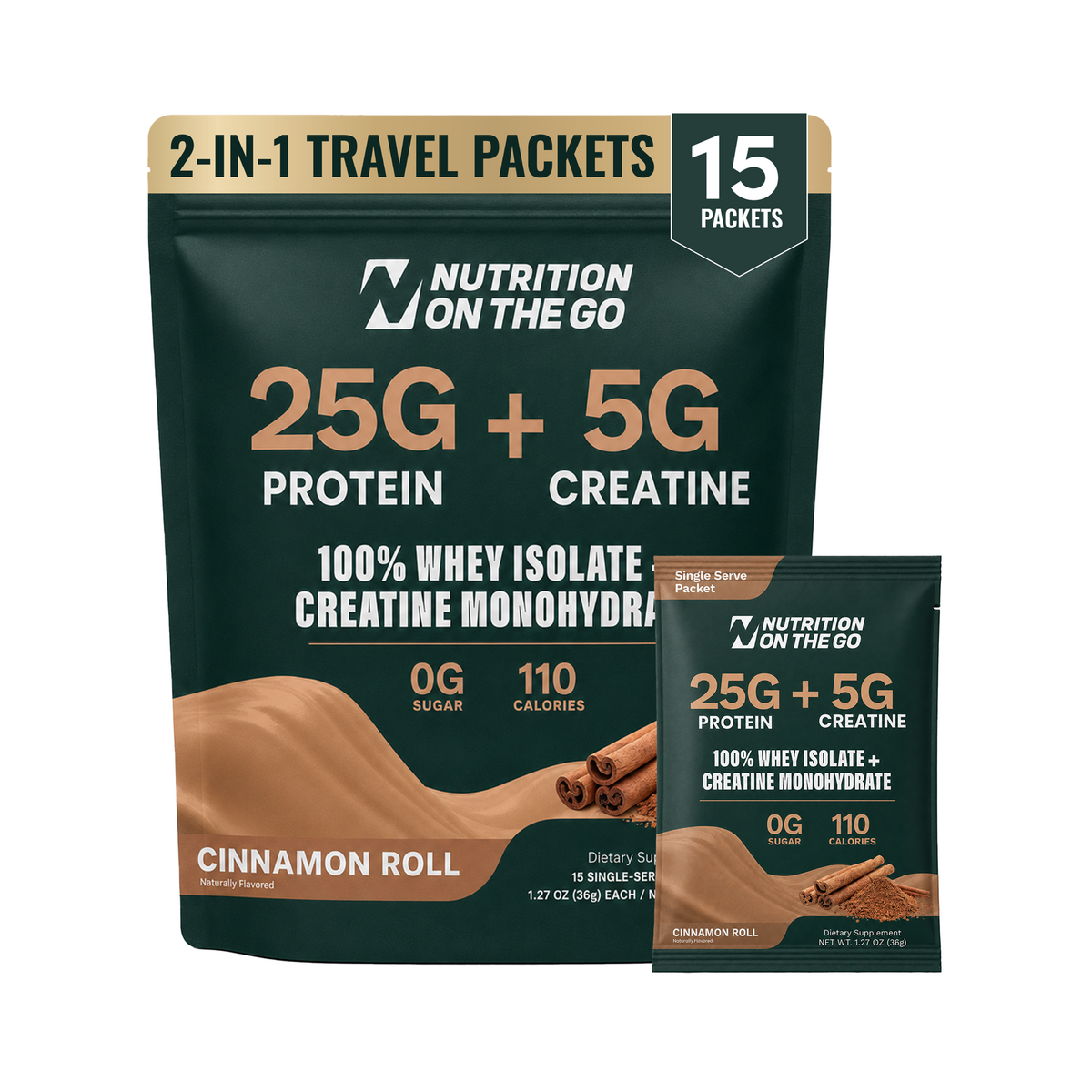 Whey Protein Isolate with Creatine | Single-Serve Packets 15 Packets Cinnamon Roll