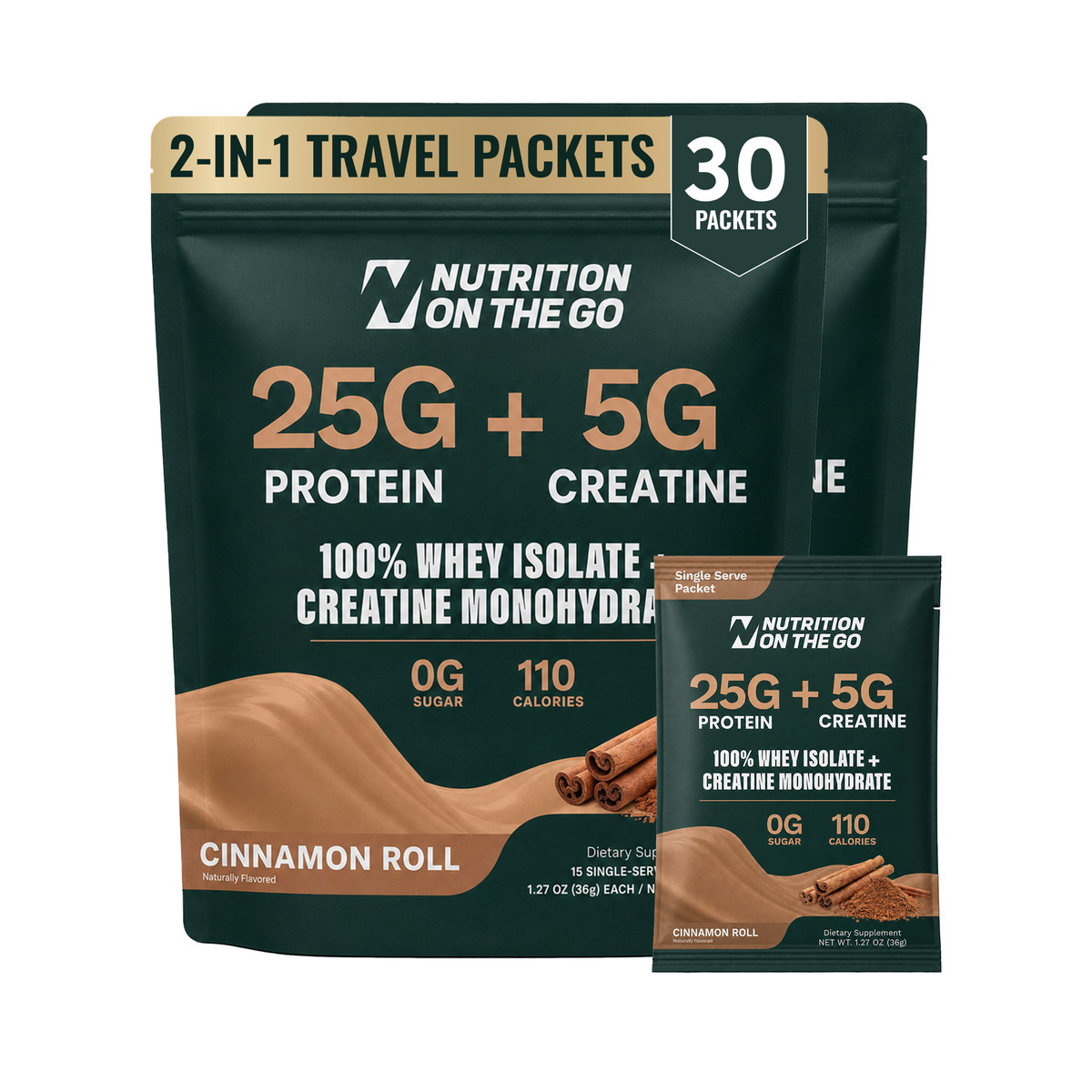 Whey Protein Isolate with Creatine | Single-Serve Packets 30 Packets Cinnamon Roll