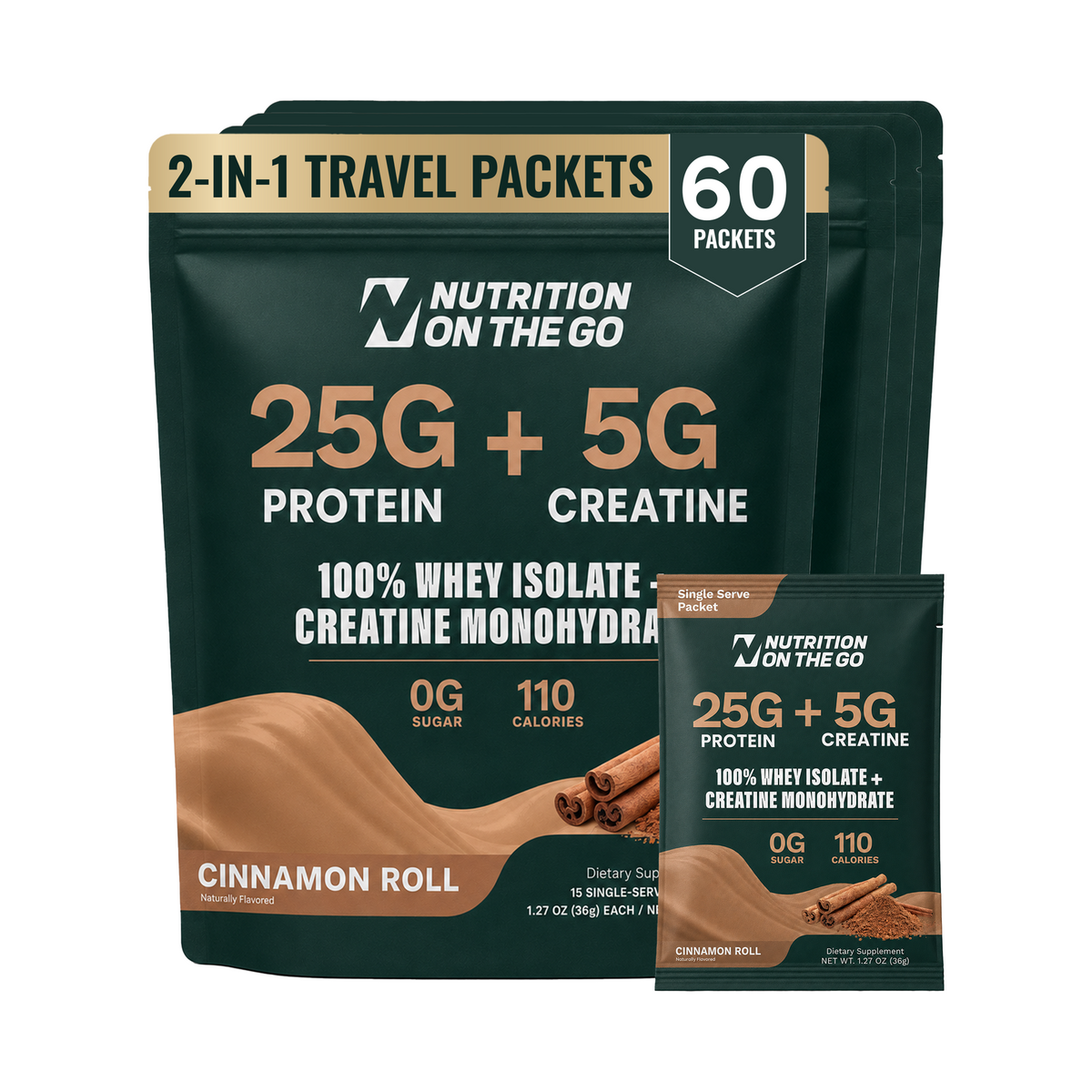 Whey Protein Isolate with Creatine | Single-Serve Packets 60 Packets Cinnamon Roll
