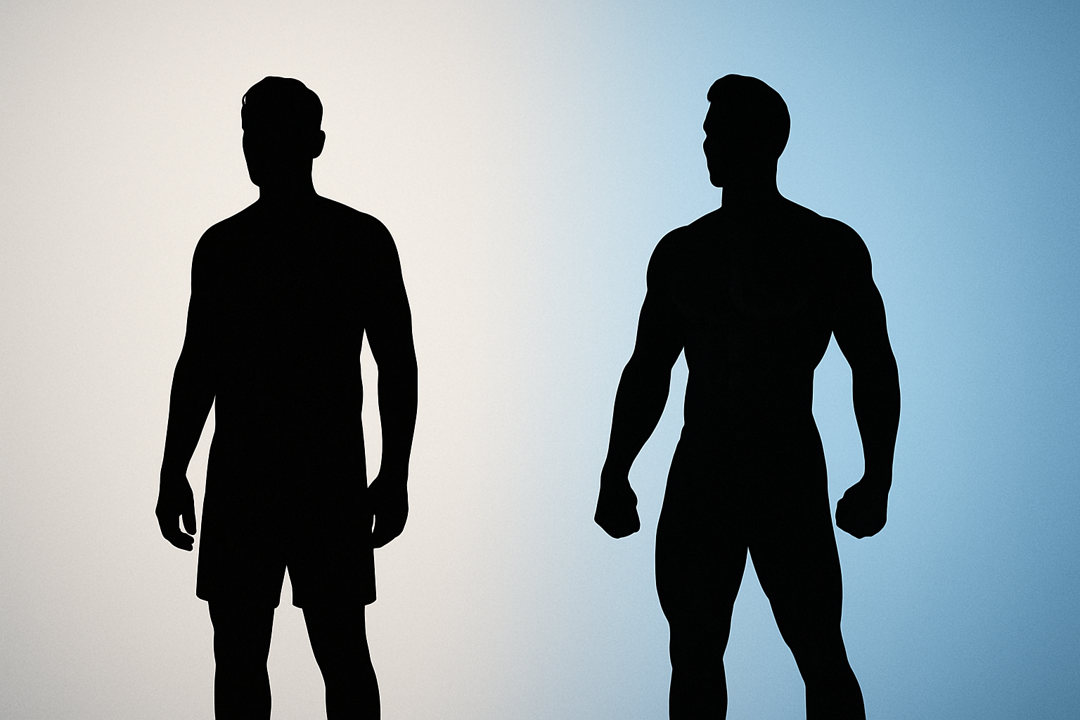 Aspirational fitness transformation image showing progression from starting position to confident, stronger stance with dramatic lighting