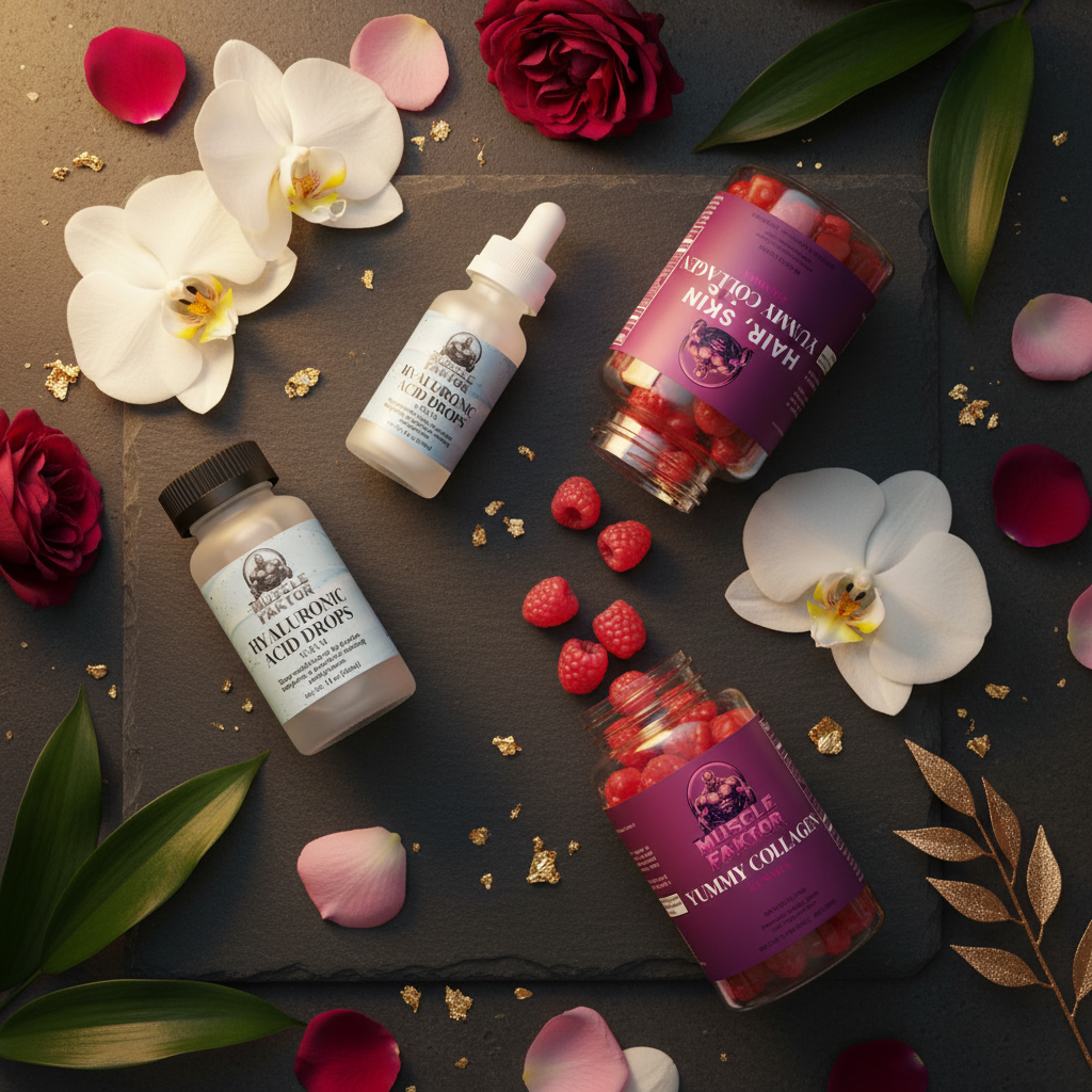 Muscle Faktor Glow & Beauty Stack — lifestyle botanical flat lay