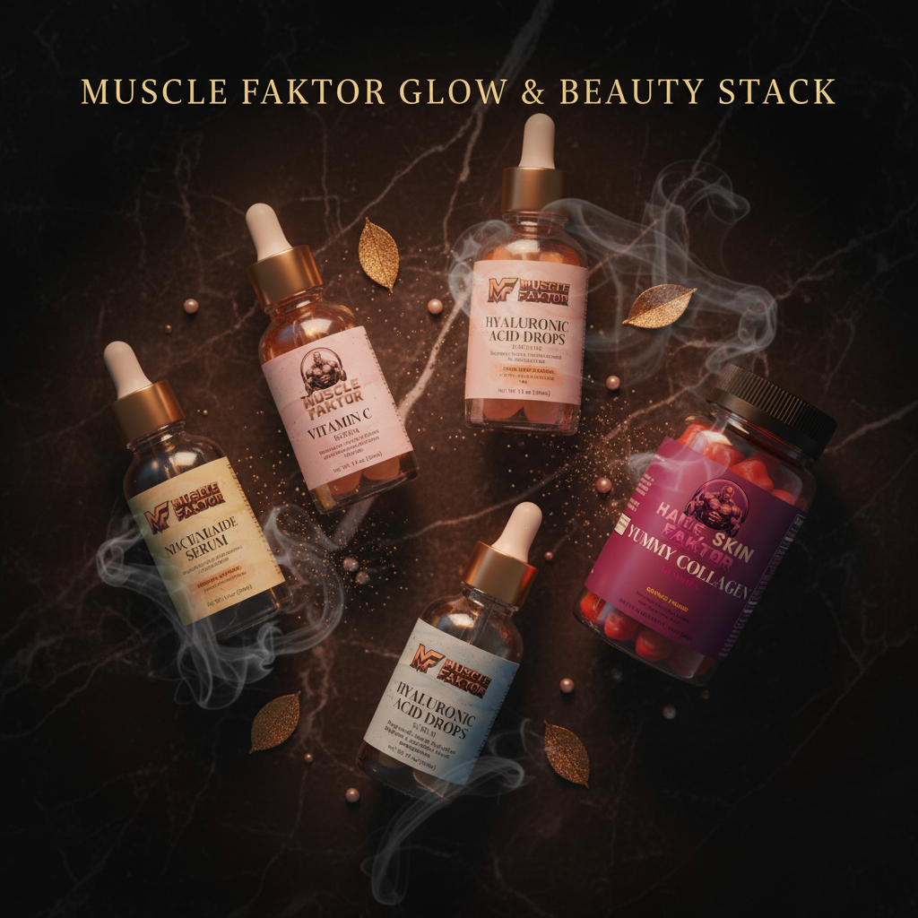 Muscle Faktor Glow & Beauty Stack — serums, collagen gummies flat lay