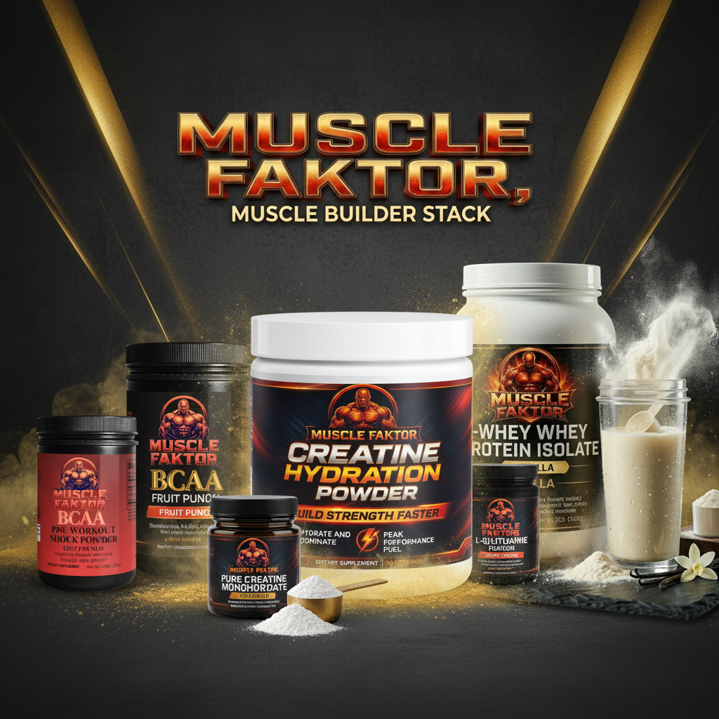 Muscle Faktor Muscle Builder Stack — Creatine, BCAA, Whey Protein bundle