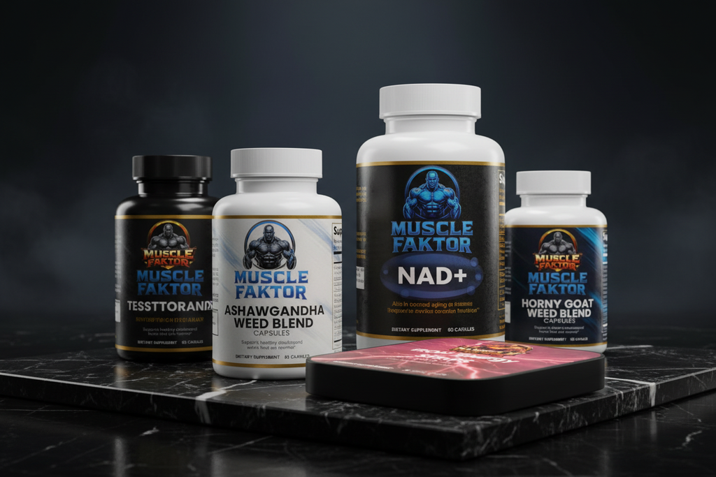 Muscle Faktor Men's Vitality Stack — cinematic marble surface editorial shot