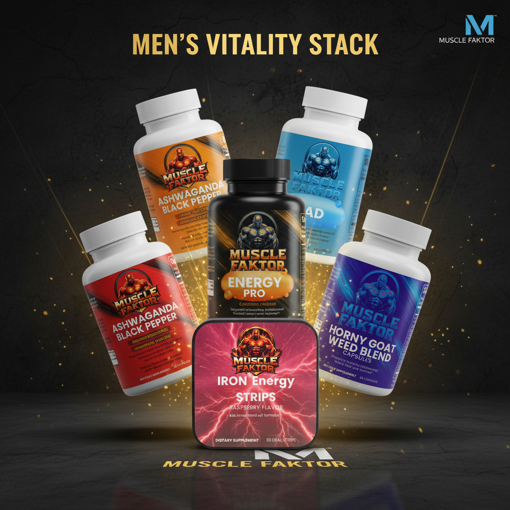 Muscle Faktor Men's Vitality Stack — Alpha Energy, Ashwagandha, NAD+ bundle flat lay