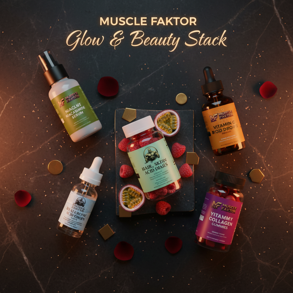 Muscle Faktor Glow & Beauty Stack — serums, collagen gummies flat lay