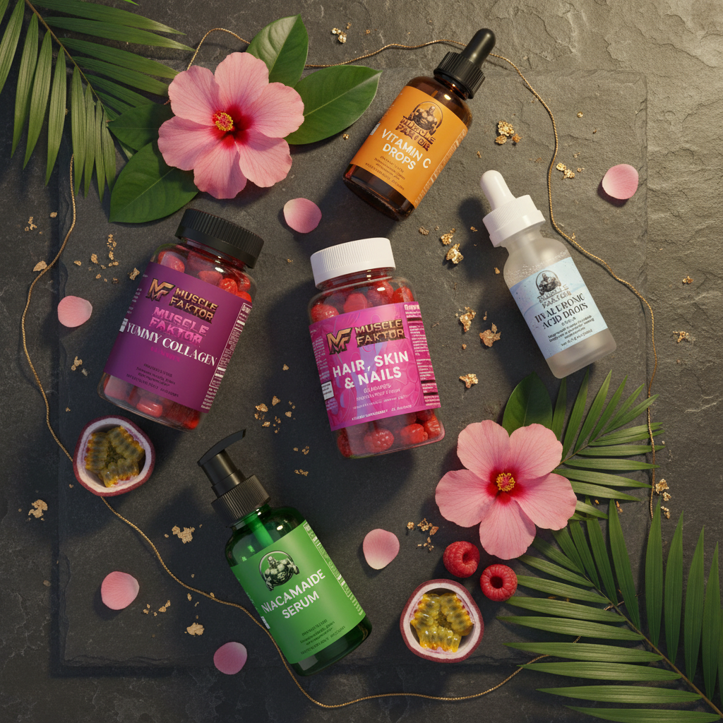 Muscle Faktor Glow & Beauty Stack — lifestyle botanical flat lay