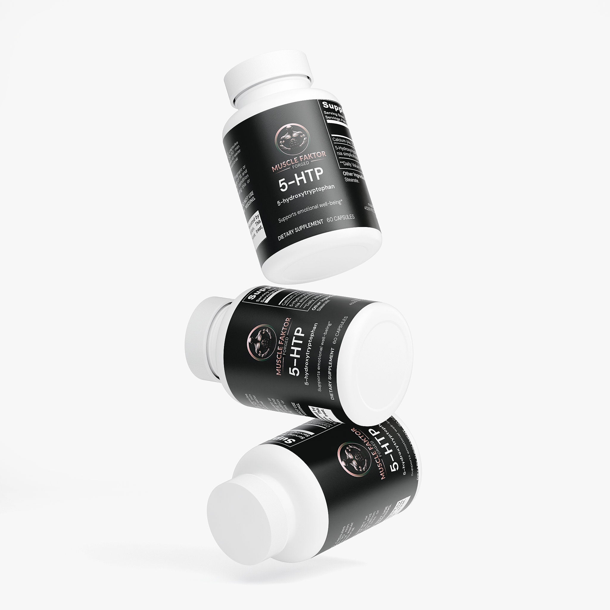 Muscle Faktor 5-HTP supplement bottles as natural serotonin booster for athletes dietary capsules
