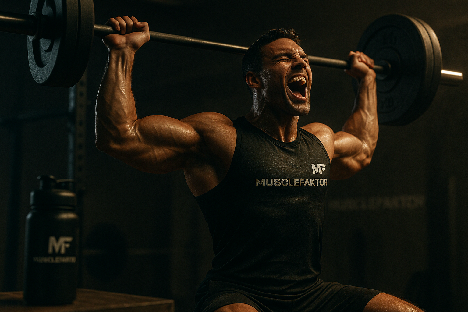 Powerful aspirational image of peak workout performance with MuscleFaktor branding